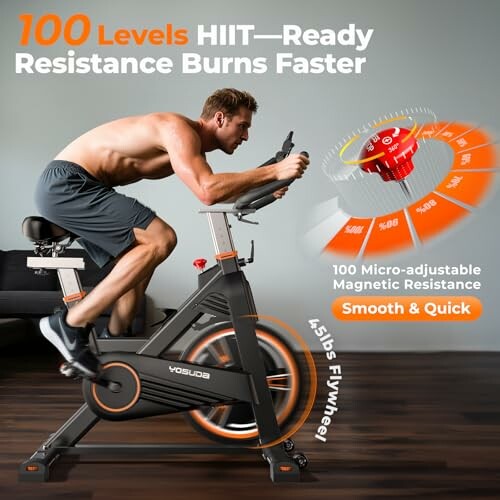 Person using a stationary bike with 100 resistance levels.