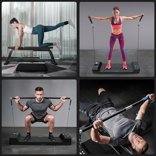 Collage of people using home fitness equipment for various exercises.