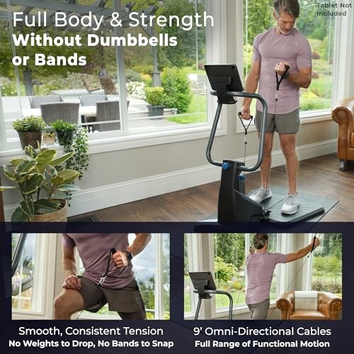 Man using a fitness machine with cables in a bright room.