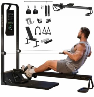 Man using a multi-functional home gym cable machine with various attachments.