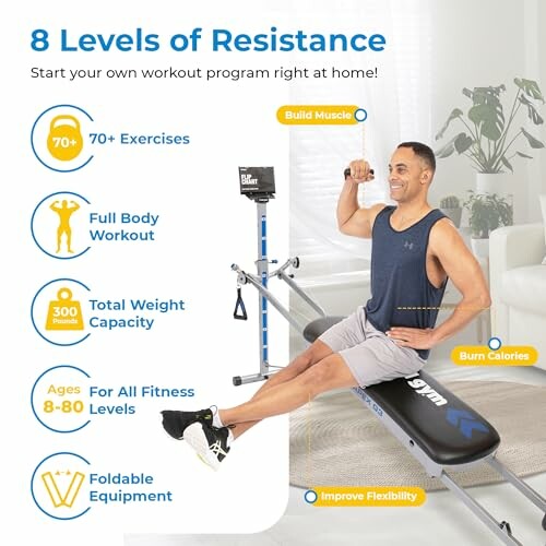 Man using home gym equipment with 8 levels of resistance, featuring benefits like full body workout, foldable design, and suitability for all fitness levels.