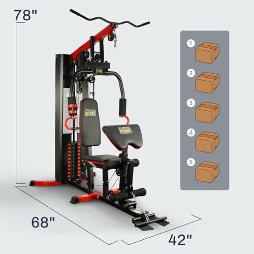 Multi-functional home gym equipment with dimensions and packaging details.
