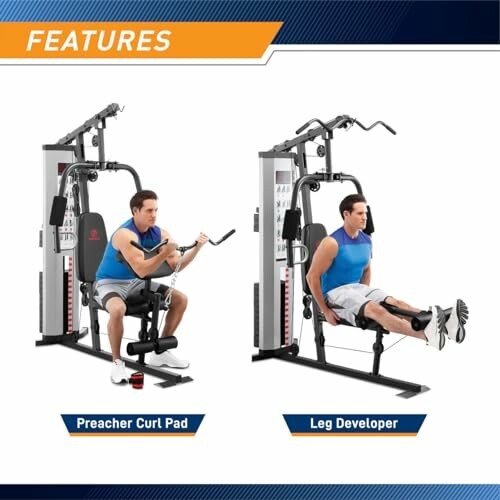 Man using home gym equipment for preacher curl and leg development.