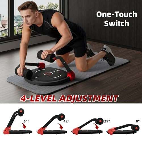 Person using a push-up board with one-touch switch and 4-level adjustment.