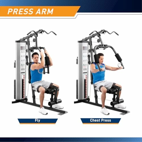 Two exercises on a home gym machine: fly and chest press.