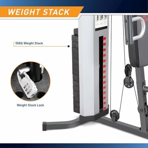 Home gym weight stack with lock mechanism.