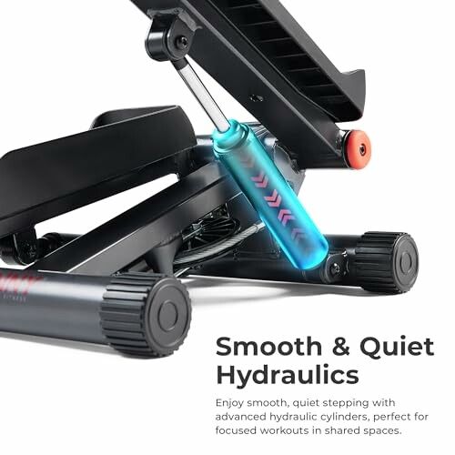 Close-up of a hydraulic stepper machine with text about smooth and quiet operation.