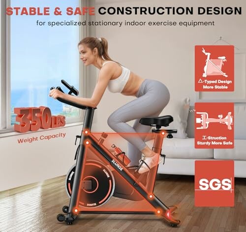 Woman using specialized indoor exercise bike with stable construction design.