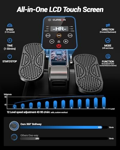 LCD touch screen exercise machine with speed and mode settings.