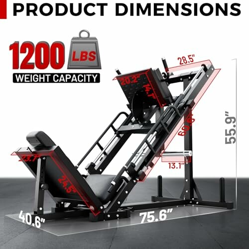 Leg press machine with dimensions and weight capacity.