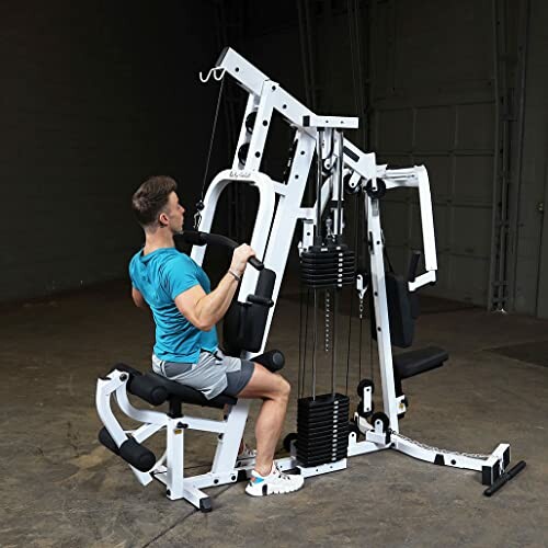 Person using a multi-gym machine in a gym setting.