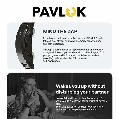 Pavlok device showcasing its app features for tracking and habit training.