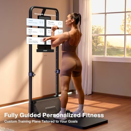 Woman using a fitness assessment machine at home.