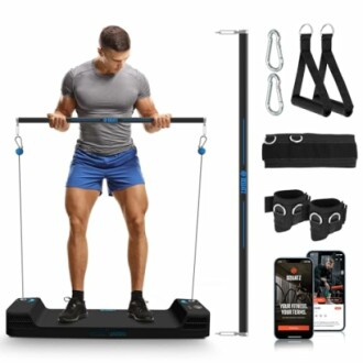 Man using portable home gym equipment with accessories.
