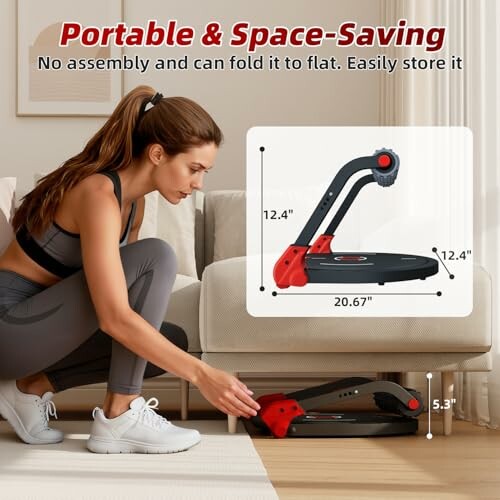 Woman storing a portable and foldable stepper under a couch.