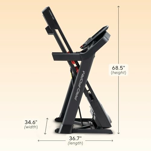Folded ProForm treadmill with dimensions labeled.