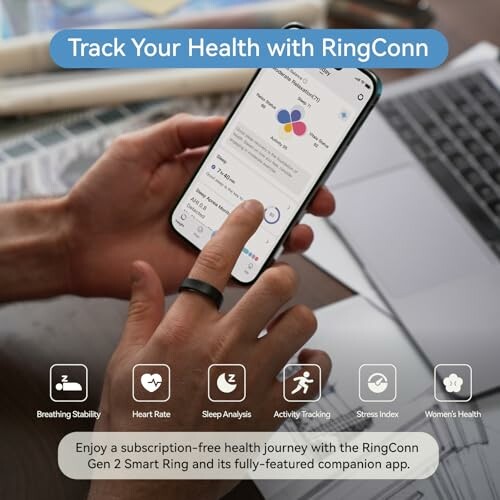 Person using RingConn health tracking app on smartphone.