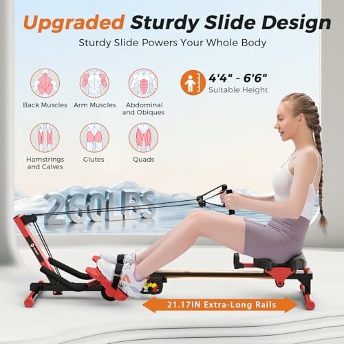 Woman using a rowing machine highlighting muscle groups targeted.