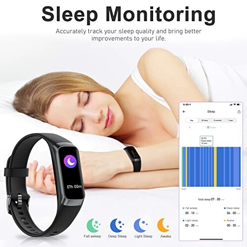 Woman sleeping with smartwatch and sleep monitoring app displayed.