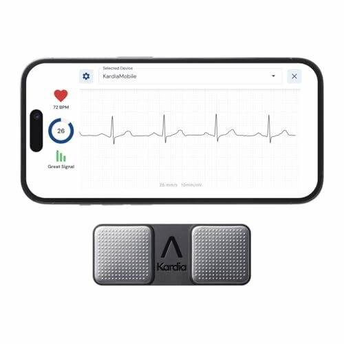 Smartphone displaying EKG graph with KardiaMobile device.
