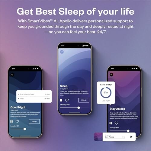 Three smartphones displaying a sleep app interface with features like sleep tracking and personalized support.