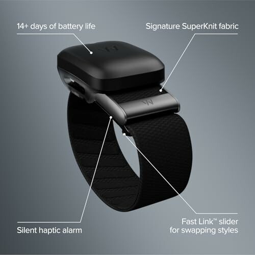 Smartwatch with 14-day battery, SuperKnit fabric, silent alarm, and Fast Link slider