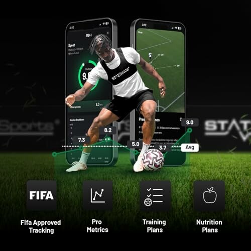 Soccer player with training app features on screen.