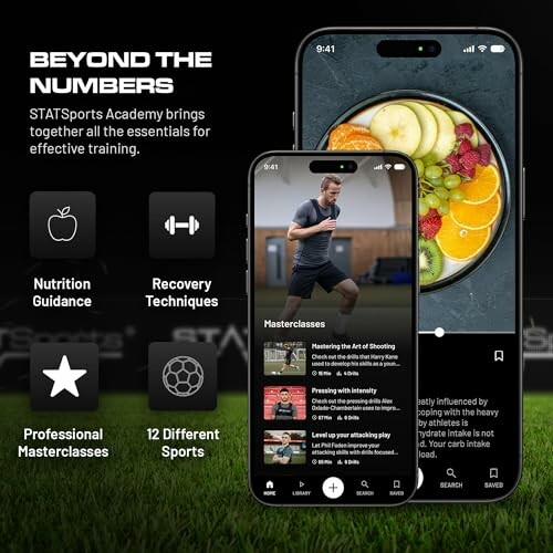 Mobile app showcasing sports training features with nutrition and recovery guidance.