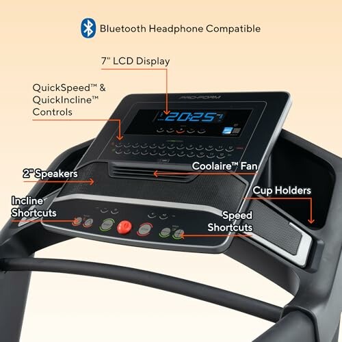 Treadmill console with Bluetooth, LCD, controls, and fan.