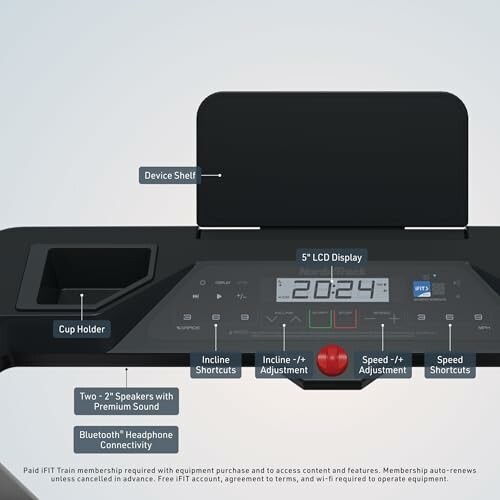 Treadmill console with display, controls, and features.