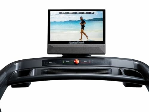 Treadmill console with screen displaying runner on beach