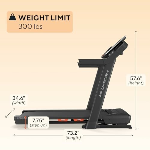 Image showing treadmill dimensions and 300 lbs weight limit.