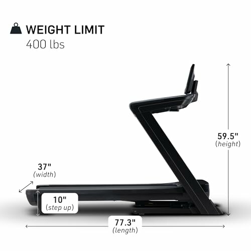 Side view of treadmill with dimensions and weight limit.