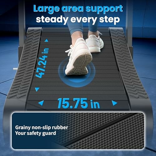 Person walking on treadmill with large area support and non-slip rubber surface.