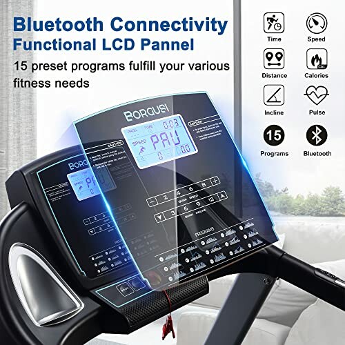 Treadmill LCD panel with Bluetooth connectivity and 15 preset programs.