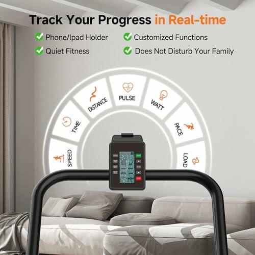 Treadmill display showing real-time tracking features with icons for speed, time, distance, pulse, watt, pace, and load.