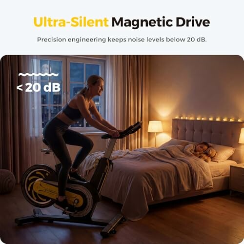Woman exercising on a silent magnetic drive bike next to a sleeping child.