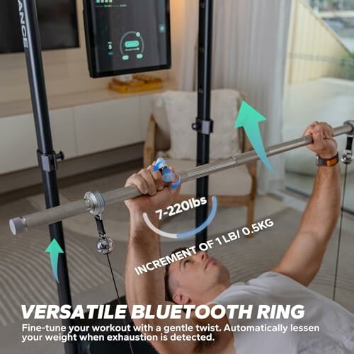 Person using a versatile Bluetooth ring with gym equipment.