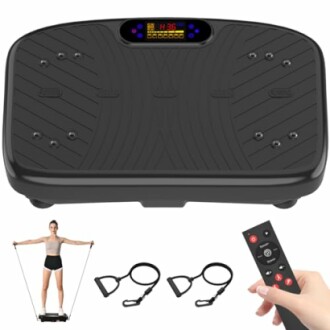 Vibration plate exercise machine with remote and resistance bands.