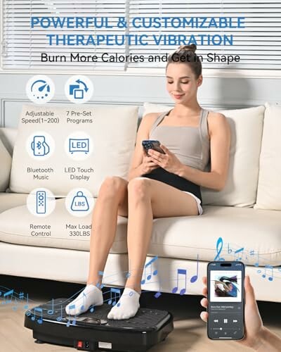 Woman using a vibration platform fitness machine with phone control.