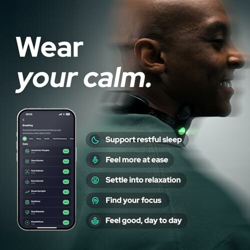 Person using relaxation app with benefits listed.