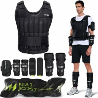 Weighted training vest and accessories set with model showcasing versatility in workouts
