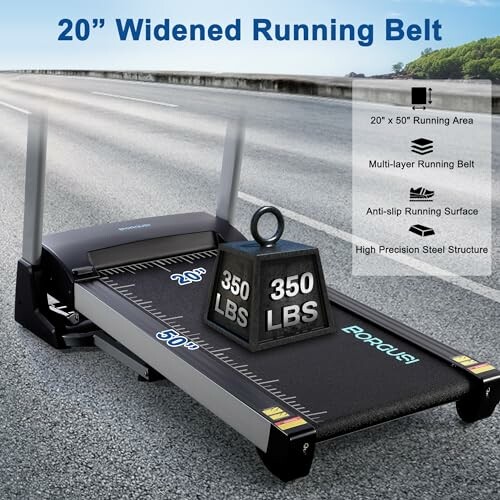 Treadmill with 20-inch wide running belt and 350 lbs weight capacity.