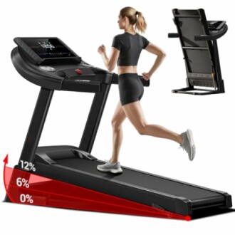 Woman running on a black treadmill with incline feature.